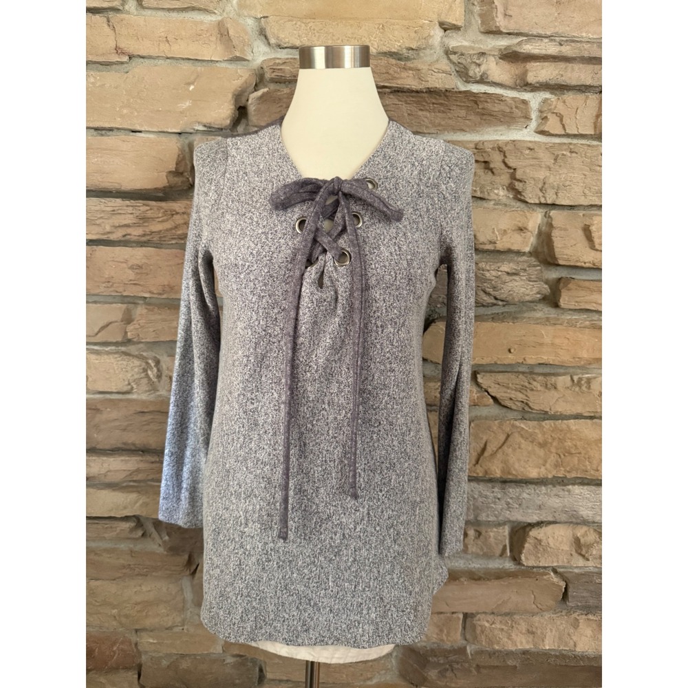 Crescent Womens Grey Space Dye Lace Up V-Neck Long Sleeve Tunic Top Small CT4111